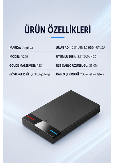2.5 İnç Usb 3.0 Sata Hdd Ssd Disk Kutusu, 5gbps Harici Disk Kutusu, 480mb/s Veri Aktarımı, Tak Çalıştır, Otomatik Uyku Modu, Led Göstergeli Abs Kasa, Windows Mac Y200