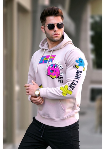 Madmext Bej Baskılı Kapüşonlu Sweatshirt 5896 Bej