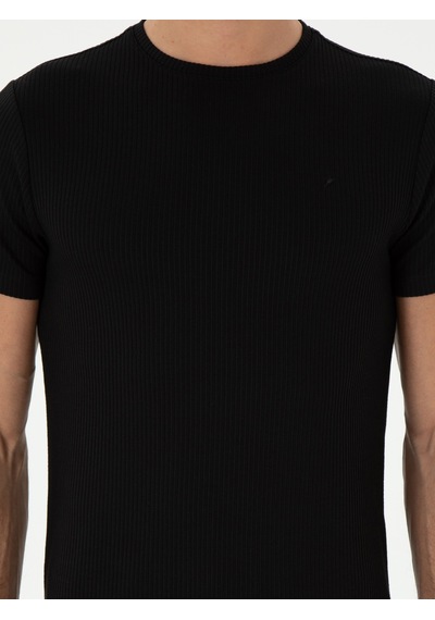 Siyah Slim Fit Çizgi Dokulu Bisiklet Yaka T-shirt