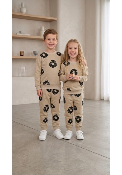 Mavi Boncukk Kız Erkek Çocuk Unisex Çiçek Desenli Sweatshirt Ve Eşofman Altı 2 Li Takım Bej