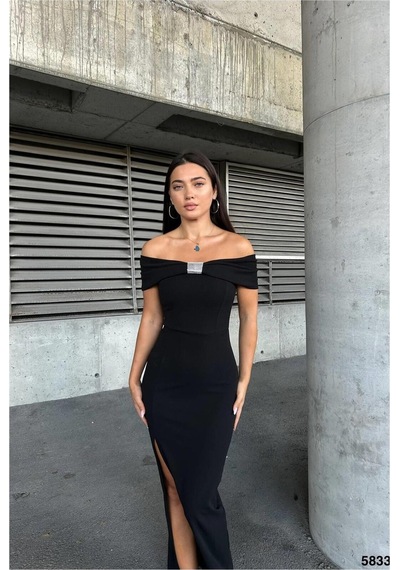 Lior Design Kadın Zarif Halter Yaka Taş Detaylı Abiye Elbise Siyah