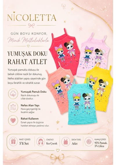 Nicoletta Kız Çocuk Atlet İp Askılı Baskılı Pamuklu Likral 178348 Pembe