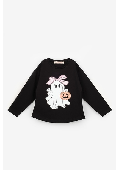 Le Mabelle Siyah Sevimli Hayalet Baskılı Uzun Kollu Halloween Kız Çocuk Tişört Siyah