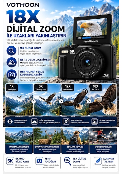5k 75mp 18x Zoom Flaşlı 3 Flip Ekranlı Türkçe 32gb Kart Dijital Vlog Fotoğraf Makinesi Lens Hediyeli
