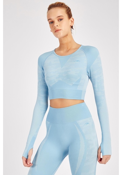 Maraton Active Slimfit Kadın Bisiklet Yaka Uzun Kol Fitness Mavi Crop Top 816013 Mavi