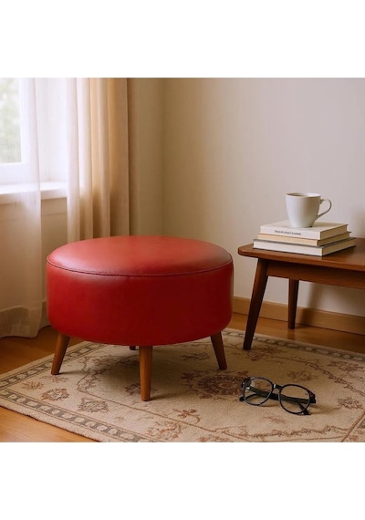 Waterybrook Suni Deri Puf Large - Ceviz Ahşap Ayaklı - Retro Modern Tasarım - Dekoratif Sehpa Kırmızı