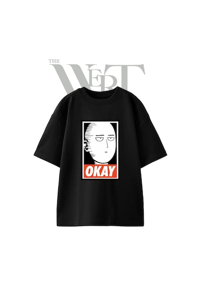 Thewert Saitama Okay Tasarım Baskılı Ünisex Siyah Oversize T-shirt