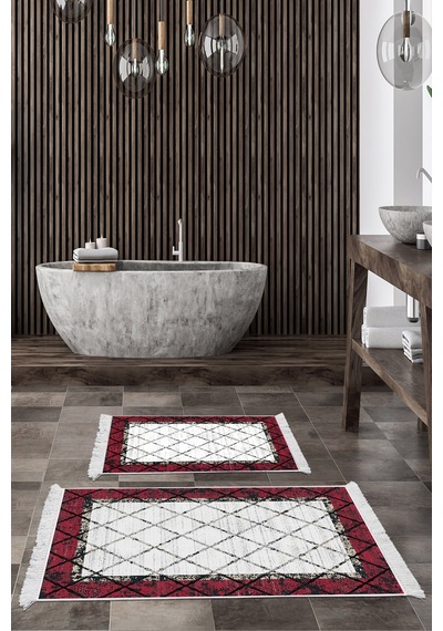 Dekoreko Kaymaz Taban Djt 2 Li Banyo Paspas Takımı Trend Saçaklı Modern M5129 Bordo