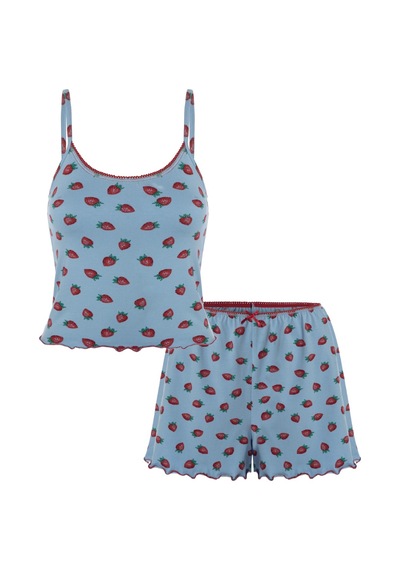 Koza İç Giyim Kadın İp Askılı Çilek Desenli Pamuklu Şortlu Pijama Takımı Kk30234 Mavi - Kırmızı