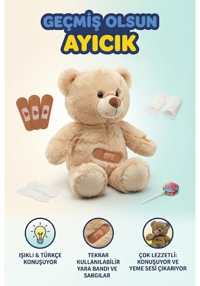 Türkçe Konuşan Etkileşimli Geçmiş Olsun Uf-uf Ayıcığı Hastayı İyileştirme Oyunu Peluş Ayı 40 Cm Çok Renkli