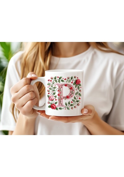 P Harfi Pembe Nakışlı Kupa Kalpli Çiçek Desenli Zarif Çay Kahve Kupası - Kişiye Özel Hediye Beyaz