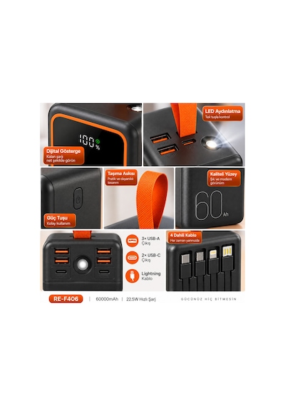 60000 Mah 22.5w Hızlı Şarj Powerbank 6 Çıkışlı Dahili 3 Kablolu Led Fenerli Dijital Göstergeli- Re-f406 Diğer