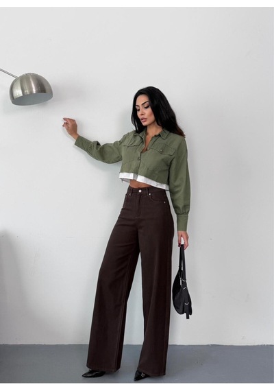 Kadın Kahverengi Baggy Jean Yüksek Bel Geniş Paça Kot Pantolon Kahverengi+baggy