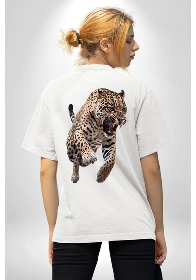 Jaguar Sırtından Çıkan Beyaz Oversize Unisex Ön Ve Sırt Baskılı Tişört Beyaz