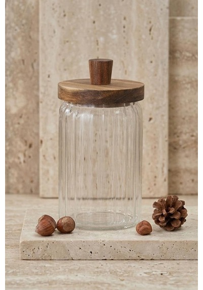 Atbyhome Ahşap Kapaklı Borosilikat Cam Saklama Kabı 700 Ml - Oluklu Cam Kavanoz