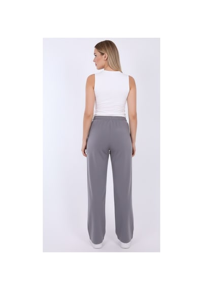 Myrab Denim Kadın Mavi Baggy Keten Pantolon Lastikli Bel Bağcıklı Rahat Geniş Paça Yazlık Pantolon Gri