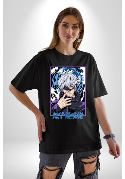 Jujutsu Vintage Washed - Megumi Gojo Anime Manga Pamuklu Bisiklet Yaka Unisex Oversize Boyfriend Dijital Baskılı Siyah T-shirt Siyah
