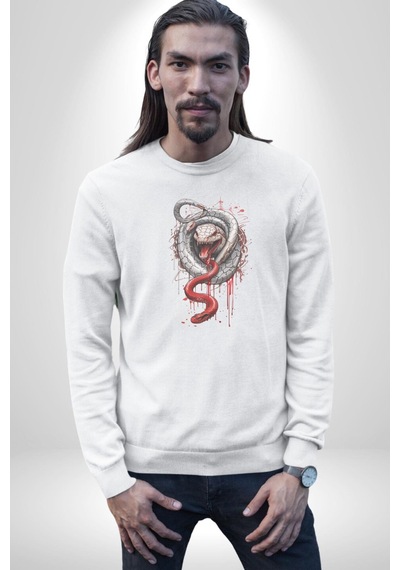 Beyaz Ve Kırmızı Yılan Unisex Beyaz Baskılı Sweatshirt Beyaz