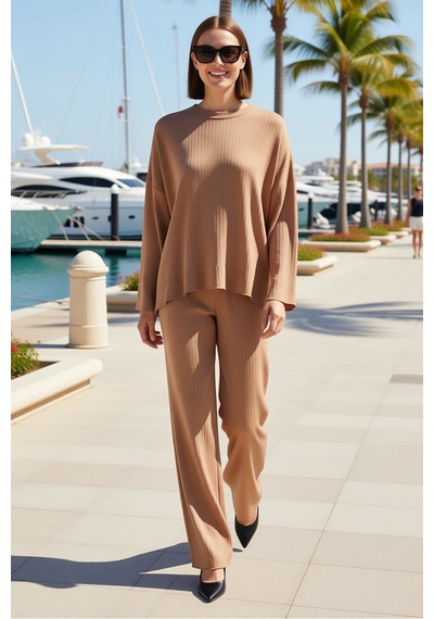 Benerly Kadın Oversize Bisiklet Yaka Uzun Kol Triko Takım Boru Paça Panto Camel