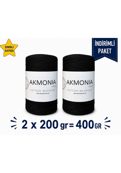 Akmonia Premium Makrome İpi Zincir İp 200gr X 2 Toplam 400gr-ekru Çanta İpi Supla İpi Dekor İpi Örgü İp Siyah