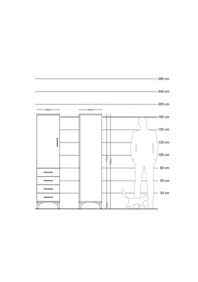 Hyperion Dolap Tek Raflı 4 Çekmeceli Tek Askılı 44x44x182 Çam... Çam