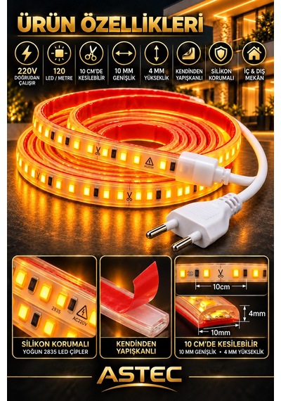 Astec Yapışkanlı 1 Metre Amber 220v Silikonlu Şerit Led Yüksek Güç Tak Çalıştır İç Dış Mekân Su Geçirmez