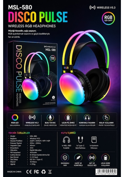 Msl-580 Disco Pulse Rgb Kablosuz Kulaklık Siyahh