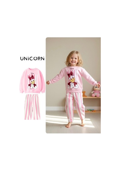 Unıcorn Barbosa Sweatshirt Ve Canvas Dokuma Pantolon Kız Çoçuk Takım Pembe