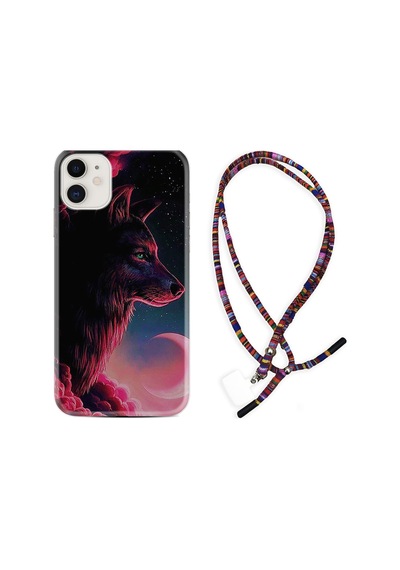 Apple Uyumlu iPhone 13 Mini Kılıf Rasta Boyun Askılı Wolf And Moon 1380