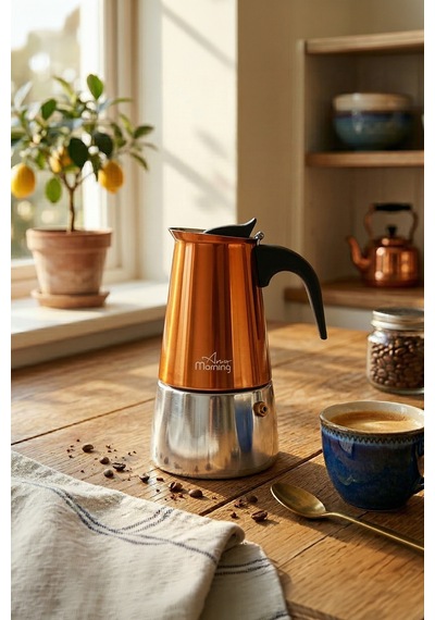 Any Morning Fe001-6 Espresso Kahve Makinesi Paslanmaz Çelik İndüksiyonlu Moka Pot 300 Ml Bakır