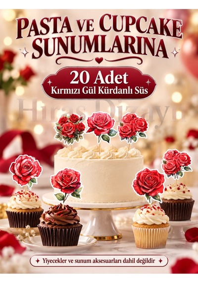 Hiras Dizayn Kırmızı Gül Kürdanlı Süs Seti 20 Adet Cupcake Pasta Sunum