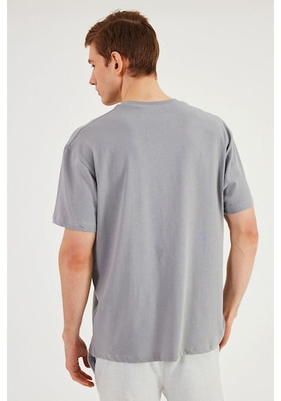 Leo Erkek Oversize Tshirt %100 Pamuk Bisiklet Yaka Baskı Detaylı Basic Tişört Mtlce87 Gri