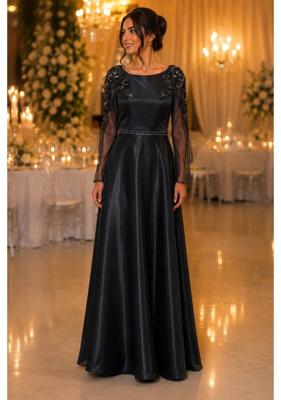 Gül&can Butik Antrasit Saten İşlemeli Abiye Elbise Gri