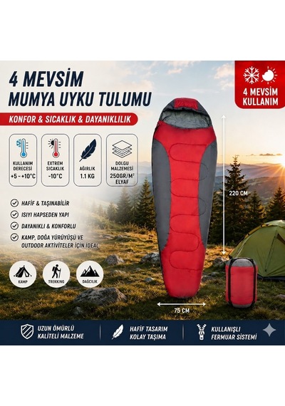 4 Mevsim Mumya Tip Uyku Tulumu -10 C Konforlu Kamp Uyku Tulumu Yıkanabilir Kırmızı