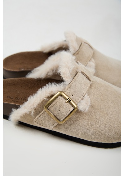No Miento Cancun Kürklü Kadın Vegan Deri Tokalı Bej Sabo Terlik