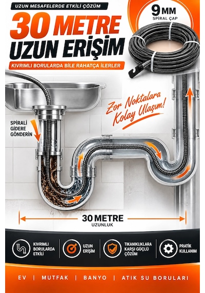 9 Mm 30 Metre Kanal Açıcı Spiral Tel Uzun Erişimli Esnek Gider Açma Susta Teli