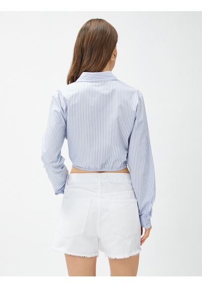 Koton Crop Gömlek Düğüm Detaylı Uzun Kollu Pamuklu Beyaz Çizgili 3sak60048pw Beyaz