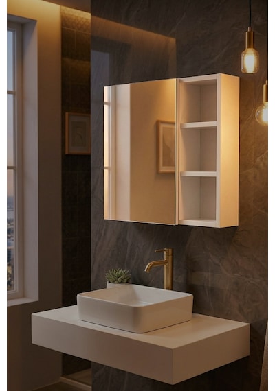 Aynalı, Açık Raflı, Bas-aç Kapaklı Banyo Dolabı 5980 Beyaz