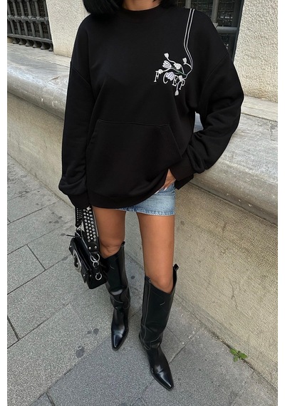 Kadın Siyah Dokuma Oversize Uzun Kollu Sweatshirt Siyah