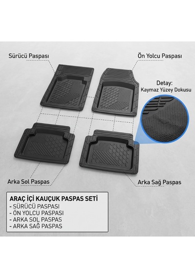 Araç İçi Paspas Seti - 4'lü Set - Karışık Desenler - Kauçuk - Kaymaz Yüzey