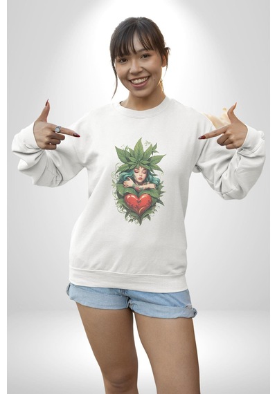 Kalp Parmak Kız Yeşillik Mutluluk Unisex Beyaz Baskılı Sweatshirt Beyaz