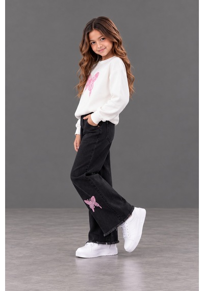 Kokoş Bebe Kız Çocuk Pembe Kelebek İşlemeli Sweatshirt Ve Bol Paça Kot Pantolon 2 Li Takım - 5/12 Yaş - 31969 Siyah