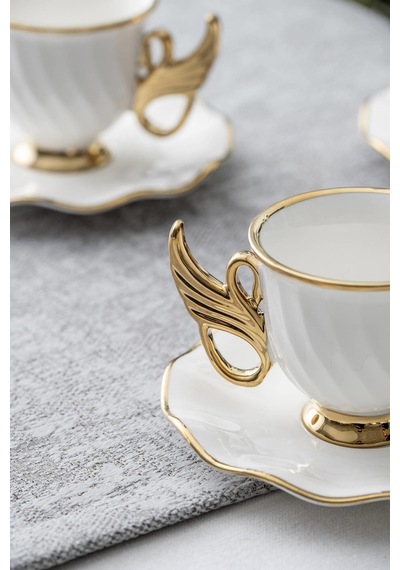 Jade 6 Kişilik Kahve Fincanı Takımı - 90 Ml Beyaz - Gold