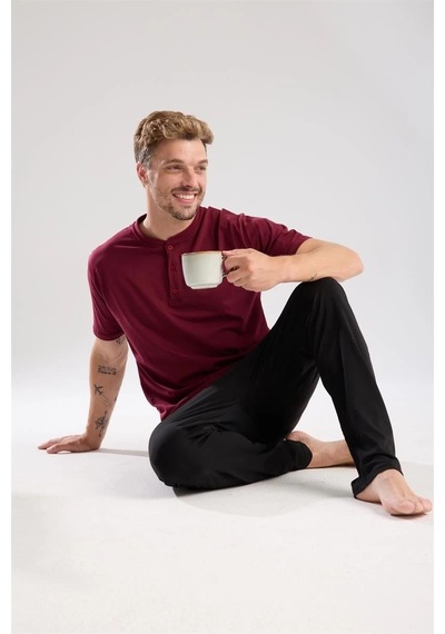 Erkek Bordo Düğmeli Yaka Kısa Kol Pijama Takımı Bordo