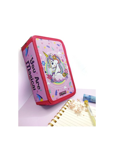 Xl Jumbo Model Unicorn Bahar Kalem Kutusu Organizer Kalemkutu 3 Bölmeli Kalemlik Pembe Pembe