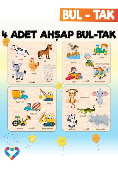 Eğitici 4 Adet Bul-tak Oyuncak Hayvanlar, Taşıtlar, İş Makineleri Ve Orman Hayvanları