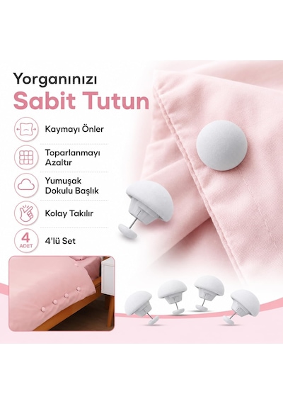 Yorgan İğnesi 4 Lü Set, Yorgan Sabitleyici Klips, Nevresim Ve Battaniye Kaymasını Önlemeye Yardımcı Yumuşak Dokulu Düğme Başlıklı Yorgan Tutucu Beyaz Altın Ve Çok Renkli