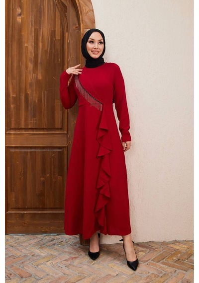 Neşeli Butik Kadın Zincir Detaylı İthal Kumaş Tesettür Elbise Sms029 Bordo