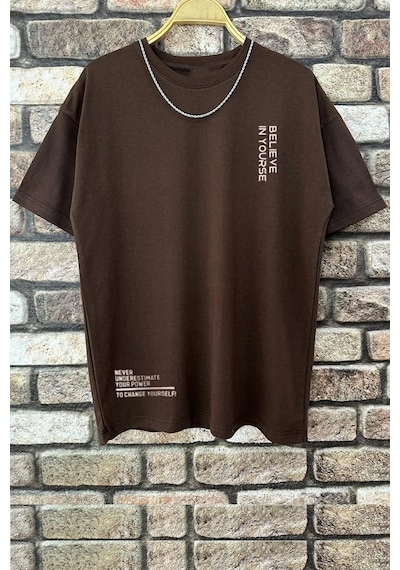 Erkek Belive İn Yourself Baskılı Oversize Tshirt Kahverengi
