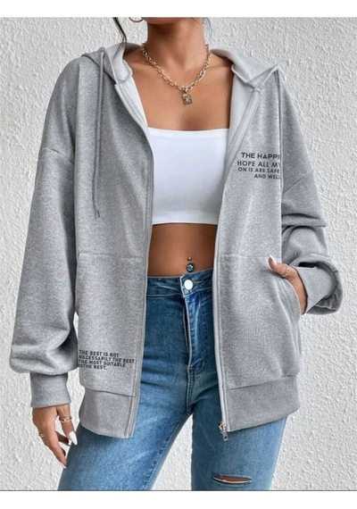 Altamira Unisex Siyah Happiest Baskılı Ince Mevsimlik Kapşonlu Oversize Hırka 001